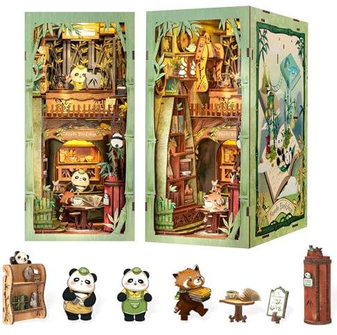 Fsolis Book Nook Kit,DIY Casa en Miniatura, con Luz LED para Sujetalibros Biblioteca Estantería Decoración,3D Puzzle de Madera Sujetalibros, Adultos Booknook Regalos para(Panda Bookshop)