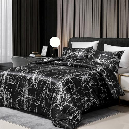 Boqingzhu Satin Bettwäsche 135x200cm Schwarz Weiß Marmor Optik Muster Modern Aesthetic Edel Seide Bettwäsche Set Sommer Winter Einzelbett Bettbezug 135 x 200 cm und Kissenbezug 80 x 80 cm