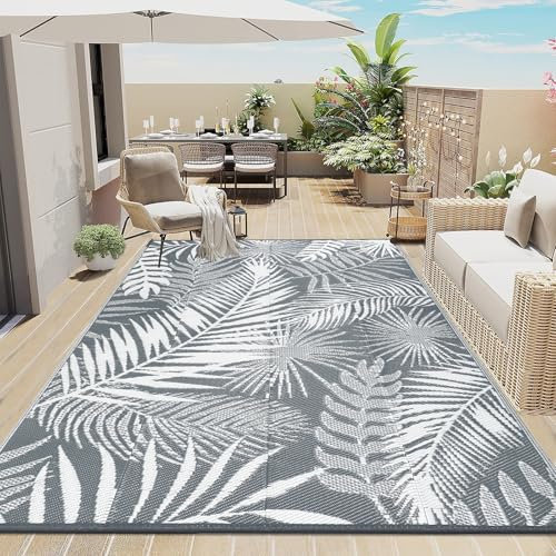 Enyhom Outdoor Teppich Wetterfest Kunststoff Groß 240 x 300 cm RV Camping Außenteppich Wendbarer Outdoorteppich mit Blatt Balkon Garten Teppich Terrassenteppich für Strand, Patio, BBQ, Leaf-Grey