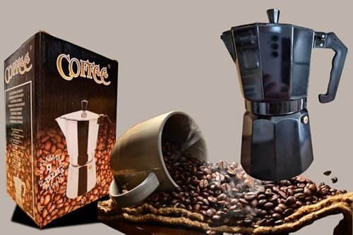 Moka Caffettiera - Alluminio di alta qualità & Acciaio Inox - 150 ml / 300 ml - Per induzione e piani cottura - In nero e argento - Puro di caffè italiano originale (acciaio inox nero, 300 ml)