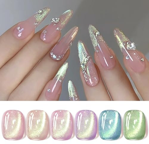 BORN PRETTY Magnetic Gel Nail Polish Iridescent Jelly Gel Polish Set Nude Pink Blue Green Rainbow Colors Gel Varnish Cat Magnet Eye Sparkle Nail Gel Polish for Salon DIY at Home 6 Pcs