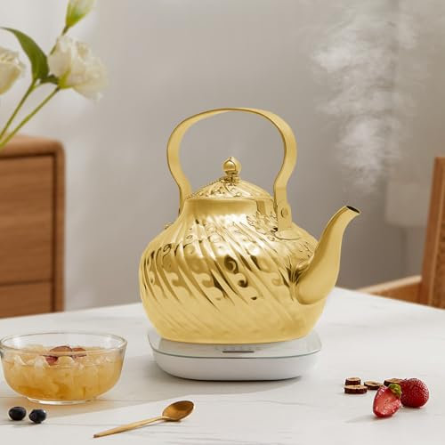 WindWilder Teekanne 2L Edelstahl Teekanne mit Teesieb für Induktionsherden, Gasherden usw für Tee, Kaffee, Milch, 14x20.5x20cm (Gold)