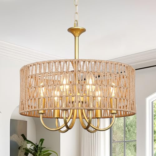 KMaiPem Rattan Hängelampe Wohnzimmer, 6-flammiger Groß Modern Boho Pendelleuchte Esstisch, Bauernhaus Handgewebt Vintage Rustikal Gold Kronleuchter für Schlafzimmer Küche