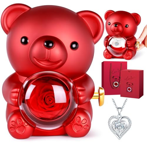 goldmiky Orsetto con Rosa, Orso con Rosa Eterna Confezione Regalo, Regalo Festa della Mamma, Regali per Lei Fidanzata,Regalo Anniversario per Lei(Collana di Diamanti Bianchi)