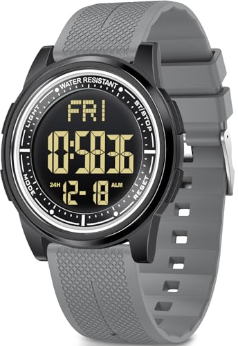 WIFORT Mens Watches Waterproof for Sports Digital Watch for Men Ultra-Thin & Wide Angle Vision Military Watch, Countdown Dual Time Split Time Stopwatch Backlight Alarm, Metal Gray(Black)