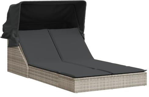 Emmtore Sonnenliege, Doppelliege mit Dach Auflagen, Gartenliege Verstellbare Rückenlehne, Relaxliege Liege Gartenmöbel,Poly Rattan Sonnenliege,Hellgrau