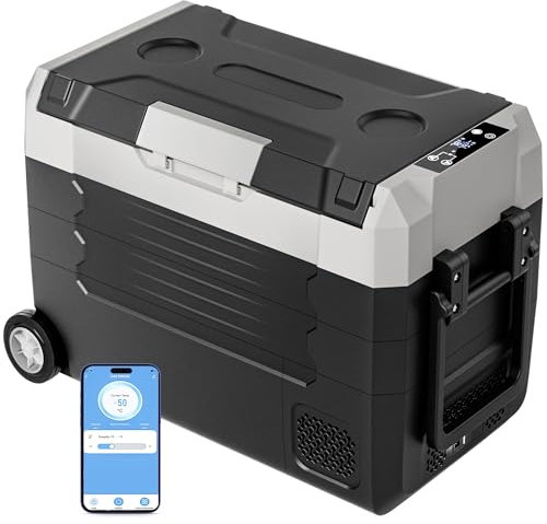 Frigorifero da 12 Volt, 53QT (50L) Compressore Elettrico Raffreddatore con Ruote, Frigorifero per Auto con Controllo APP, Congelatore Portatile -25 °F ~ 50 ° F, 12/24 V DC 110-240 V AC Raffreddatore
