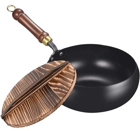 Tuxuseo Wok chino hecho a mano | Sartén de hierro fundido con tapa y mango de madera | 24 cm de diámetro mango de madera antiguo Big Belly Wok sin recubrimiento Cocina de Cocina de inducción