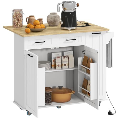 HOMCOM Isla de Cocina con Ruedas Carro de Cocina con Toma de Corriente USB Tablero Plegable 2 Cajones 2 Puertas Estante Ajustable Especiero y Toallero 119,5x74x94,5 cm Blanco