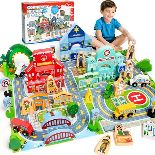 Atoylink Stadt Bauklötze Holz mit Figuren, magnetische Holzfahrzeuge, Stadtkarte Holzbausteine Holzspielzeug Geschenk für Kinder Mädchen Jungen ab 3 4 5 6 Jahre