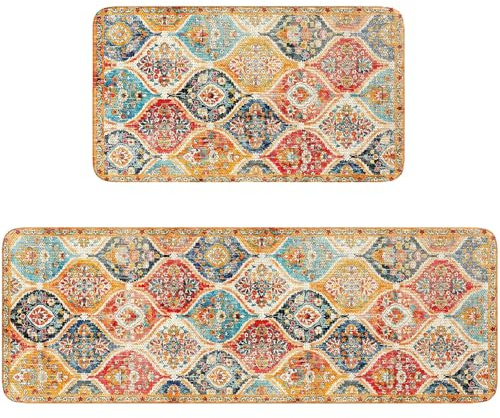 standhustle Boho Kitchen Rugs Set of 2 Pcs (47x17 +17x30) Non-Slip Backing Anti Fatigue Bohemia Kitchen Mats 2 Piece Water Resistant Washable Rugs for Kitchen's Floor