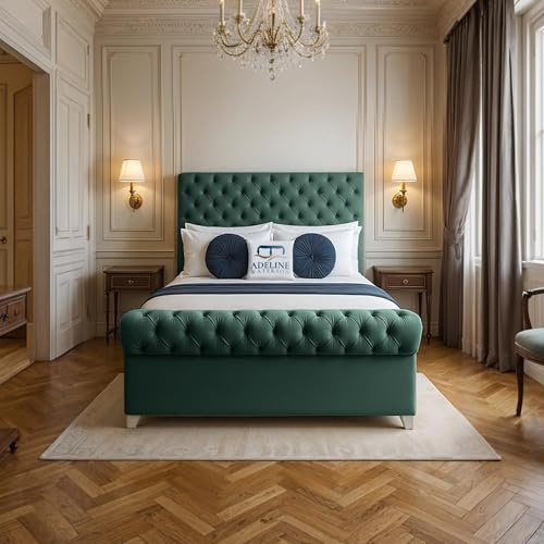 ADELINE WATERSON Mayfair Upholstered Bed - Plush Velvet Headboard & Footboard - Slats Base - Comfortable Bed (Emerald, King - Slats Base, With Mattress)