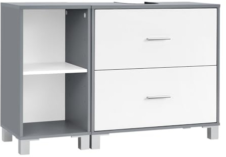 eSituro Waschbeckenunterschrank, 2 große Schubladen, 90x30x60 cm | Badezimmerschrank, Badschrank, offene Fächer an Einer Seite, rechts oder Links austauschbar Badezimmer, Weiß + Grau