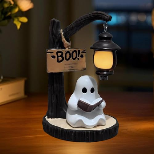 Nzkeuf Niedliche Geister Leselampe, Geisterlampe mit Buch, LED Nachttischlampe, 3D LED Geister Statue Halloween Deko für Leser und Buchliebhaber, Einweihungspartys, Kinderzimmer