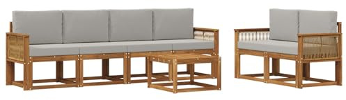 vidaXL Outdoor-Sofagarnitur 7 pcs Natürlich und Hellgrau Polyester, Moderne Outdoor-Sofagarnitur, robuste Eckcouch, stylisches Gartenmöbel, Akazienholz, Bequeme Sitzplätze