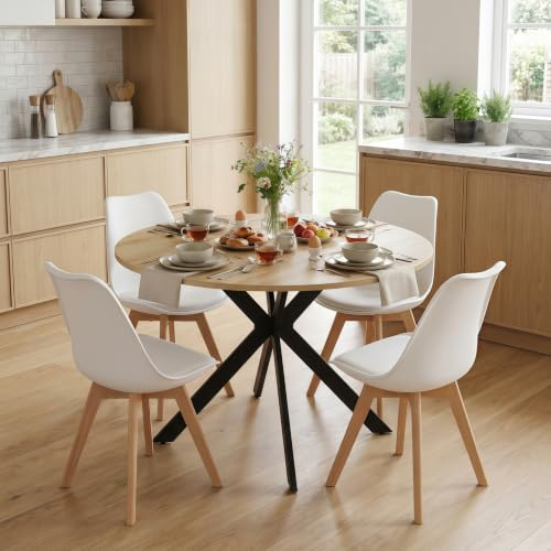 Songvas Essgruppe Set Tisch und Stühle,Essgruppe 5-Teilig,100cm Runder Esstisch und 4 Skandinavischen Weißer Esszimmerstühle,für Küche Esszimmer Wohnzimmer