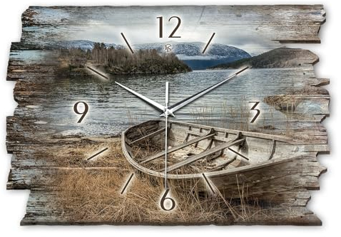 Kreative Feder Designer Wanduhr „Boot“ aus Holz 40x27cm im Shabby Style Design - Designeruhr mit flüsterleisem Uhrwerk ohne Ticken (Boot, leises Funkuhrwerk)
