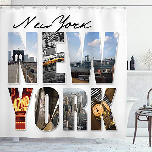 ABAKUHAUS New York Rideau de Douche, New-York Collage, Tissu Ensemble de Décor de Salle de Bain avec Crochets, 175 cm x 200 cm, Multicolore
