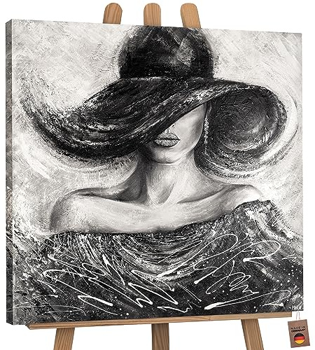 YS-Art Abstrakt Acryl Gemälde auf Leinwand Charme handgemalt Wandbild Wohnzimmer modern Wohndekor Bild grau verführerische Frau mit Hut echte Kunst 90x90 cm