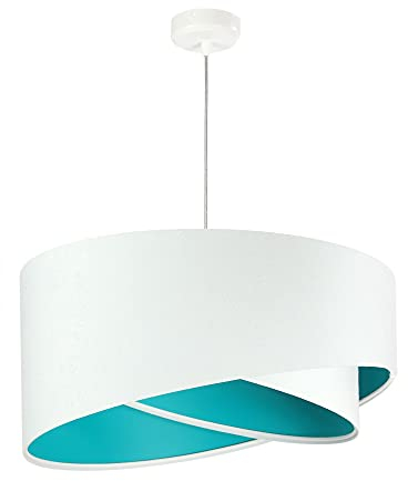 Licht-Erlebnisse Pendelleuchte Stoff Metall in Weiß Türkis Esszimmer Wohnzimmer L:50 cm rund E27 Doppelschirm Design Hängelampe Esstisch BRANDO