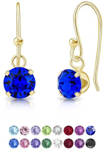 DTPsilver® Pendientes Colgantes Pequeños Plata de Ley 925 Chapados en Oro Amarillo con Cristal Swarovski® 6 mm - Pendientes Dorados Mujer - Pendientes Azul Eléctrico