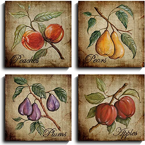 NLKTIYC Kunstdruck auf Leinwand, Motiv: Äpfel, Birnen, Pflaumen, Pfirsiche, gerahmt, Obst, Wandkunst für Küche, Esszimmer, Vintage, abstrakte Gemälde, Obstkunst-Set, Wanddekoration, Heimposter