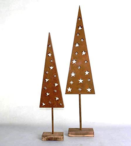 1 albero di Natale in metallo ruggine con stelle, albero di Natale arrugginito con base in legno, altezza 80 cm