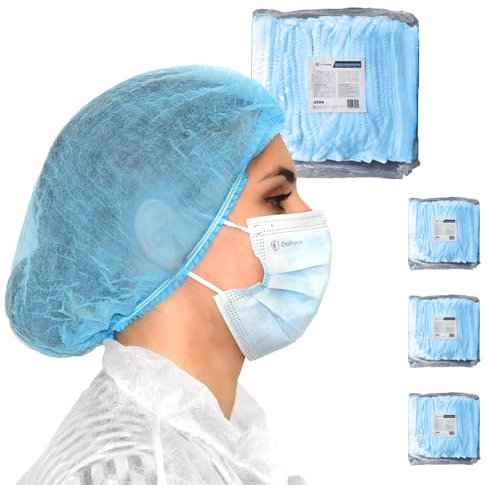 OneProtek - Set di 4x 100 Cuffie monouso TNT per capelli - Blu - Cuffia modello Plissè- Copricapo usa e getta non tessuto traspirante