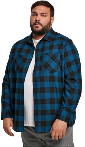 URBAN CLASSICS Camicia in Flanella a Maniche Lunghe da Uomo, Camicia Casual Lunga con Bottoni per Uomo, Vestibilità Regolare, Cotone Flanella, Colore: Nero/Blu, Taglia: XXL