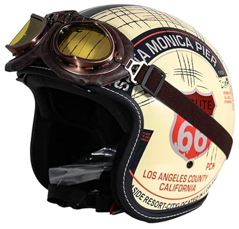 Retro Motorrad Pilotenhelm 3/4 Halbhelm Jethelme mit Sonnenblende Brille Vintage Roller Jethelm Moped Cruiser Chopper Sturzhelm ECE/DOT Approved (Gelb 66) (57~58cm M)