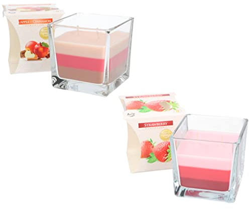 KOTARBAU® 2er Set 2-Docht Duftkerze im Glas Zimt-Apfel + Erdbeere Zweidochtkerze dreifarbig Geschenkidee Aromatherapie Dekorations-Kerzen Brenndauer bis zu 32 Stunden