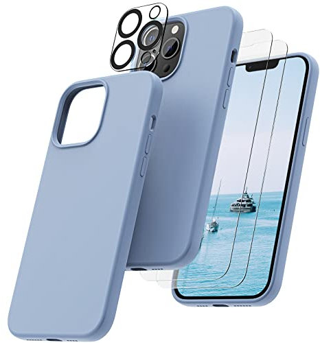 OIIAEE [5-in-1 Designed for iPhone 13 Pro Max Case 6.7 , with 2 x Screen Protector & 2 x Camera Protector, Soft Liquid Silicone Gel Rubber Slim Shockproof Cover with Microfiber Lining,Sierra Blue
