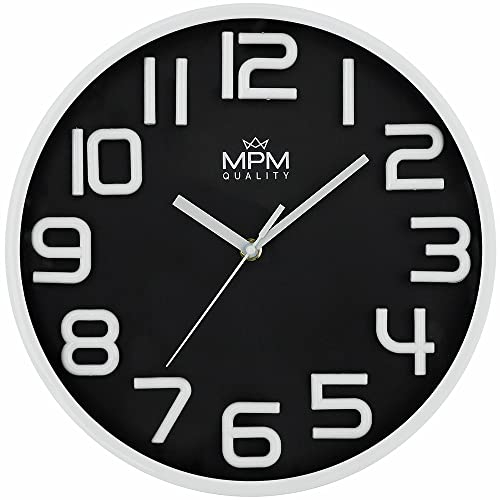 MPM Quality Neotric Design Kunstoff Wanduhr, 3D arabische Ziffern, Schwarz/Weiß, Quarz-Uhrwerk Sweep, modern, Analog Wand Uhr, Wanddeko, Dekoration Wohnzimmer, Küche, Büro, Schlafzimmer, ∅ 300x42 mm