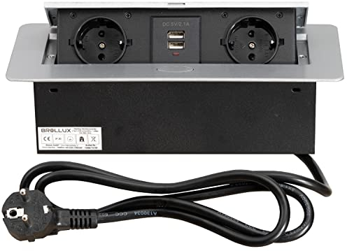 BROLLUX Einbausteckdose versenkbar 2fach mit USB Silber mit Softöffnung Aluminium Spritzguss mit 1,5m Anschlusskabel Steckdose