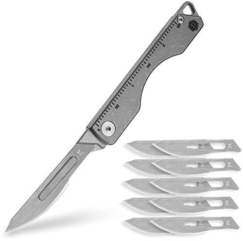 KeyUnity Coltello chiudibile in titanio KK01AR, coltellino tascabile EDC multiuso con lama sostituibile n. 24, per caccia all'aperto, campeggio, pesca (righello)