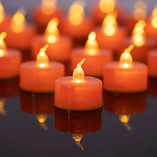 LANKER 24 Pack Orange Tea Lights Candles, Flickering Warm Yellow Flameless LED Tealights, Long Lasting Battery Operated Fake Candles, Decoration for Wedding, Halloween and Christmas (Orange)