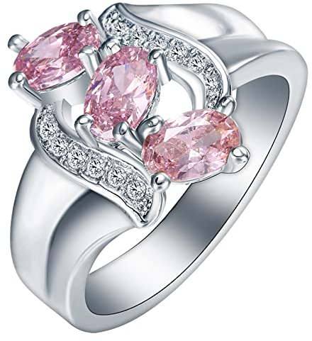 Whoiy Ring Damen 57, Ring Verlobung Frau Silber Eheringe mit DREI Rosa Cubic-Zircon Verlobungsring für Frauen