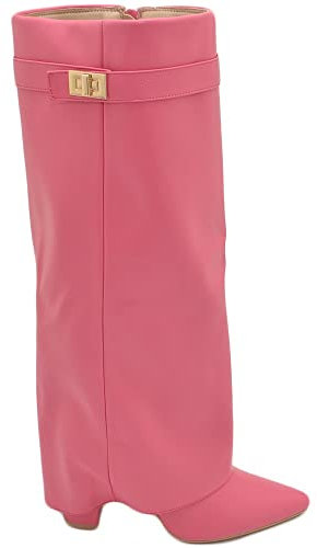 Malu Shoes Stivali donna alti rosa pelle al ginocchio a punta con risvolto para fino a terra tacco doppio 10cm (38 EU)