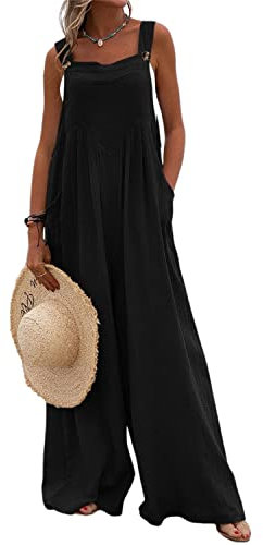 Runstarshow Womens Overalls Casual Loose Dungarees Ladies Jumpsuits UK Romer Oversized Women Wide Leg Playsuit with Pockets Solid Color Plus Size 8-26 Summer Trousers Pants Black