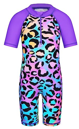 HUAANIUE Girls One Piece Swimming Costume Kids Short Sleeve Rash Guard Swimsuit UPF 50+ UV Sun Protection Quick Dry Teen Beachwear 4-12 Years