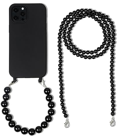 FIFTHAVE Chain Beads Mobile Phone Chain Mobile Phone Case iPhone 15 Pro with Pearl Bracelet, Necklace Case with Cord Protective Lanyard Case Pearl Shockproof TPU Cover for iPhone 15 Pro 6.1 Inch,