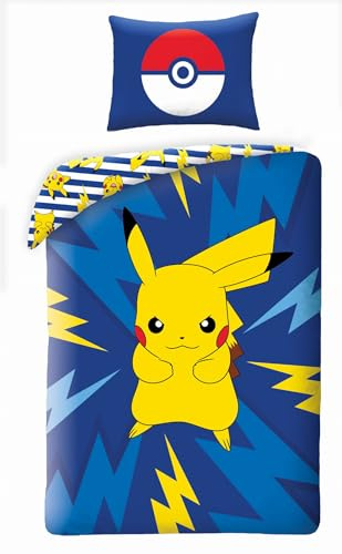 Halantex Wendebett-Set POKEMON PIKACHU ELEKTRISCH – Einzelbett 2-teilig Bettbezug 140 x 200 cm und Kissenbezug 70 x 90 cm – 100% Baumwolle Ökö-Tex Standard 100