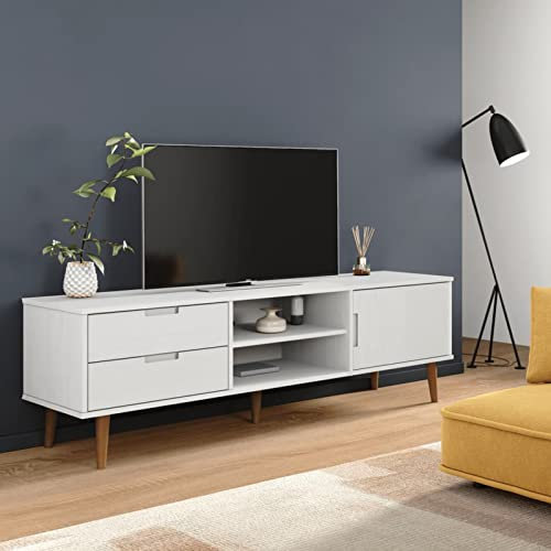 Homgoday Meuble TV en bois massif de pin blanc 158 x 40 x 49 cm, meuble pour TV, salon, salle à manger, table basse, télévision, équipement de musique, meuble bas de rangement