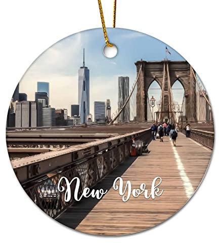 Ornamenti di Natale New York City Bridge Cityscape piatto cerchio ornamento in ceramica per albero di Natale decorazione da appendere ricordo di Natale ricordo invernale vacanza souvenir festa