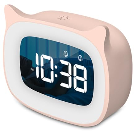 RANJIMA Kinderwecker für Schulanfang Geschenk, 11.5×9.3×4.2cm USB Kinderwecker mit Nachtlicht Buntes Nachtlicht mit 18 Klingeltöne Dual Alarms Snooze, Perfekt als Einschulung Junge Madchen