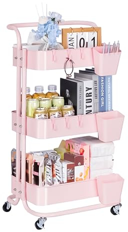 Bemece 3 Tier Trolley, Storage Trolley on Wheels with PP Draining Basket for Kitchen Bathroom Laundry and Office(Pink)