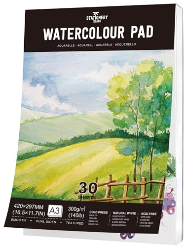 Stationery Island Aquarellpapier A3 300g, 30 Blatt Aquarellblock A3, Aquarell Papier für Wasserfarben, Aquarell Skizzenbuch, Watercolor Paper für Studenten,Anfänger, Skizzenbuch Aquarell