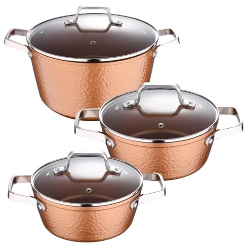 Colección Origen: set de 3 Cacerolas con tapa de vidrio, 20, 24 y 28 cm, aluminio forjado, aptas para inducción