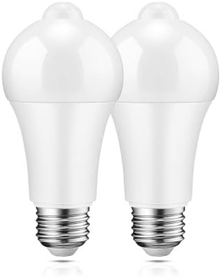 Powstro LED Smart Motion Light Bulbs - E27 PIR Light Sensor Bulb 12W Cool White 6500K Auto On/Off Night Lamp for Stairs, Garage, Corridor, Walkway, Yard, Hallway, Patio, Carport (2 Pack)