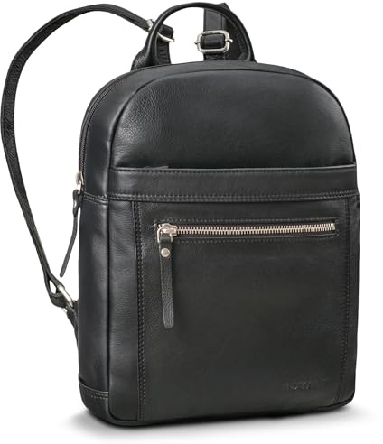 ROYALZ City Rucksack Damen klein Leder Tagesrucksack 'Delaware' moderne Vintage Rucksack-Handtasche Echtleder passend für DIN A5 Dokumente Daypack, Farbe:Schwarz